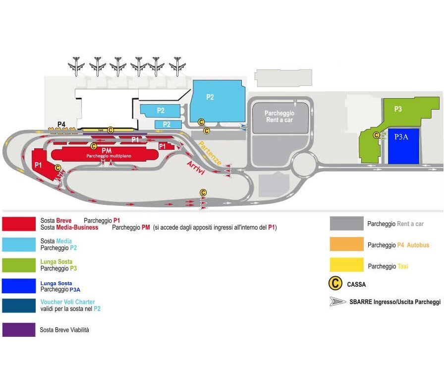 Схема парковок и остановок транспорта в аэропорту Бари Палезе