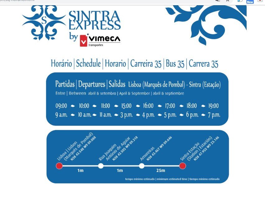 Interval and route of buses to Sintra.