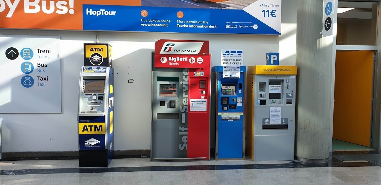 ATM, parking lot and train and bus ticket vending machines are located in the main hall of the airport