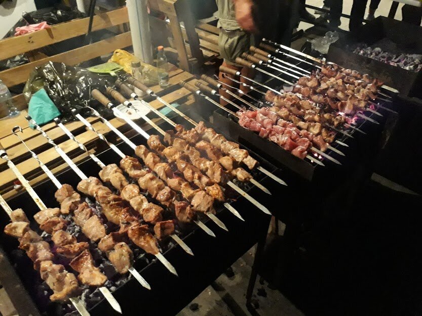 At city festivals shish kebab is grilled right on the streets