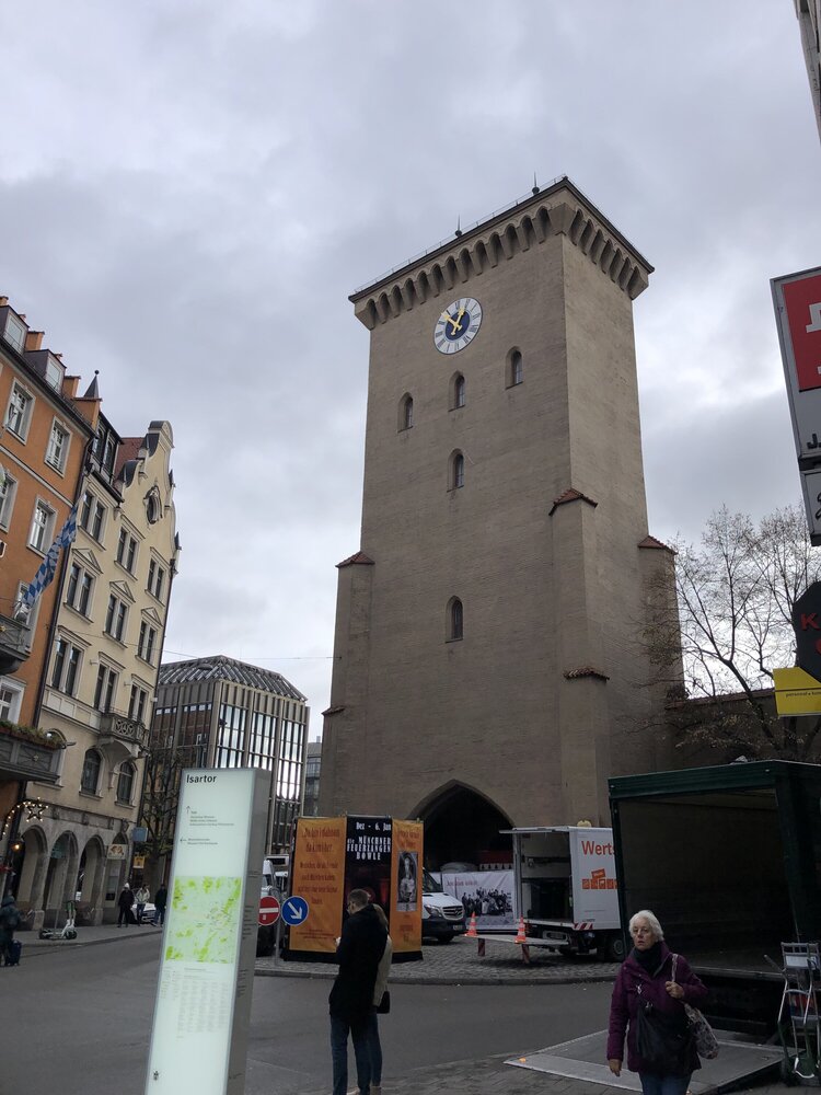 Isartor gate tower. Right inside the gate itself, the Feuersangenbowl is being prepared