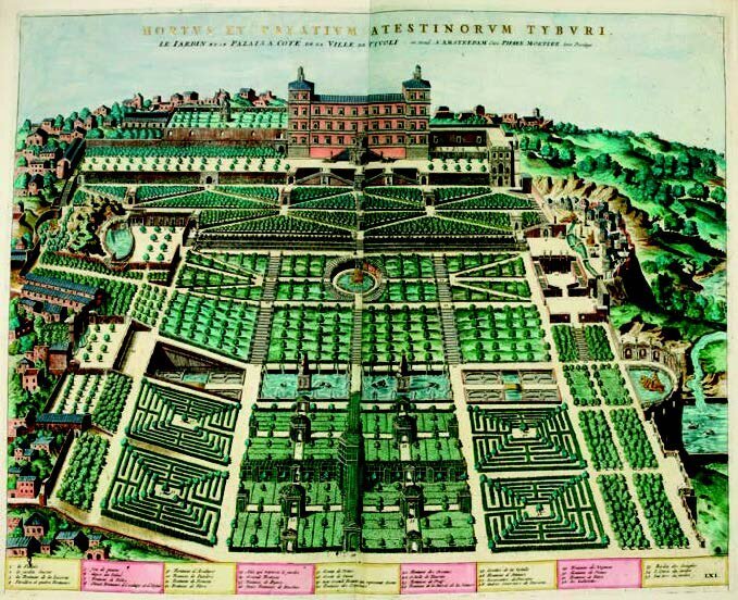 Engraving by Etienne Duperac, 1573. The palace and gardens of Villa d