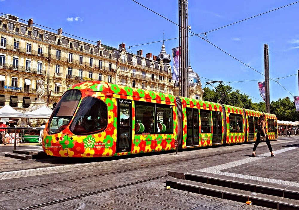 Line 2 streetcars are painted with floral ornaments, each bearing the name of a historical figure