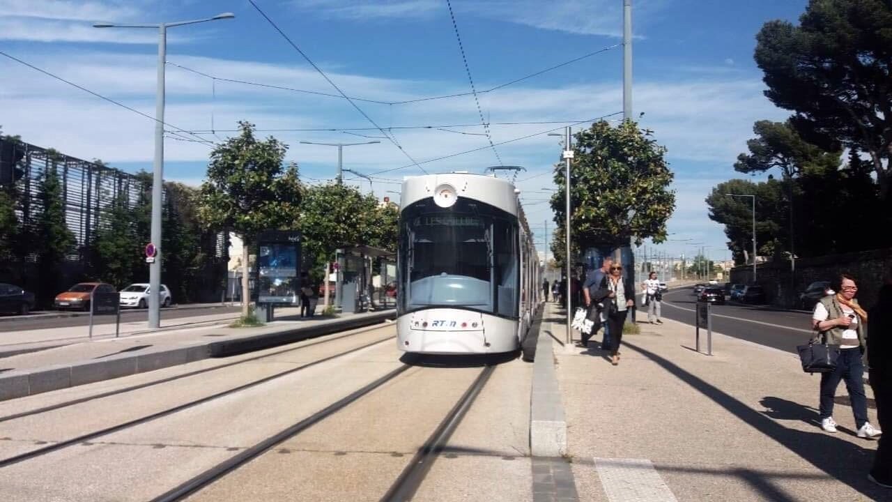 Streetcar and streetcar stop in Marseille