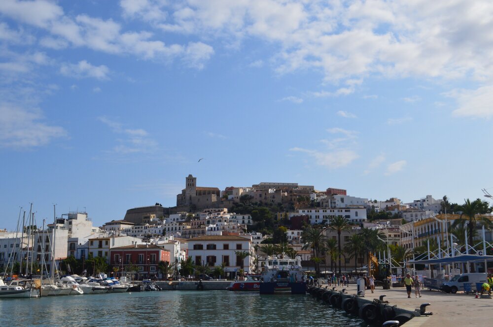 View of the old town from the harbor in the afternoon